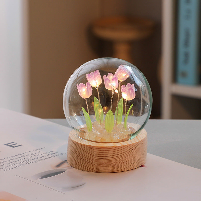 Artificial Tulip Flower Night Light Ornaments Handmade DIY Bedside Lamp LED Night Lamp Bedroom Decor Birthday Gifts Table Lamp